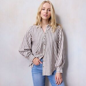 Lauren Conrad Oversized Striped Brown and White Womens Long Volume Sleeve Shirt